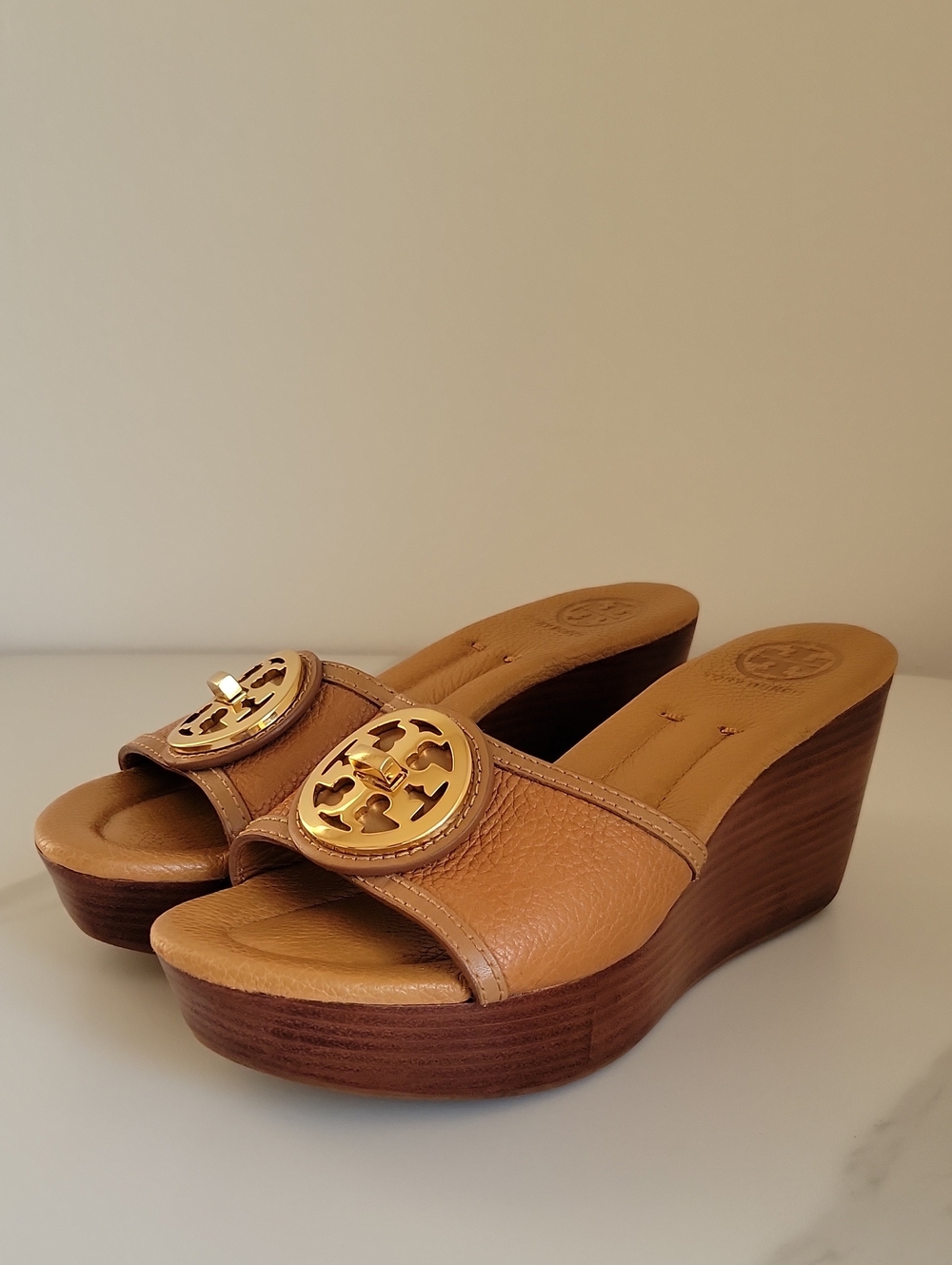 Tory Burch Tan Leather Slide Sandals with Gold Logo Emblem